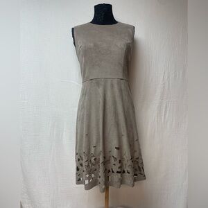 Elie Tahari Faux Suede Taupe Midi Dress with Lazer Cutouts